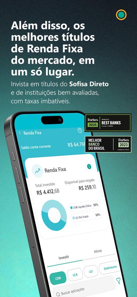 Pantalla de smartphone que muestra la cartera de inversiones de renta fija de la aplicación Sofisa Direto con premios Forbes