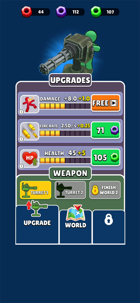 Ammo Fever: Tower Gun Defense - A mobile game screenshot from Ammo Fever showing the upgrade menu for weapon damage fire rate and health for a machine gun turret
