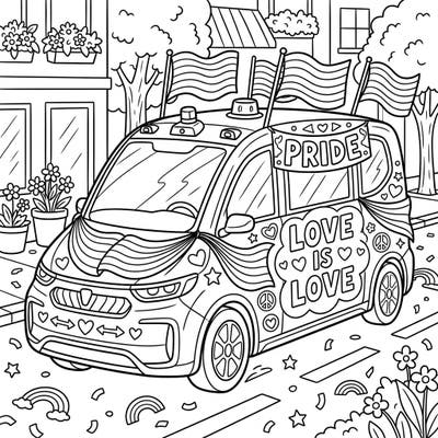 Get ready to celebrate love and diversity with this vibrant coloring page featuring an autonomous vehicle adorned for Pride Month. This unique design combines modern technology with the joyful spirit of inclusivity, perfect for all ages.