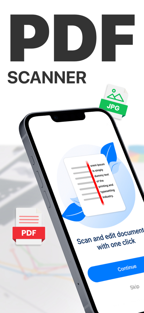 PDF Scanner, Editor, Converter - Mobile app onboarding screen for scanning and editing documents with one click