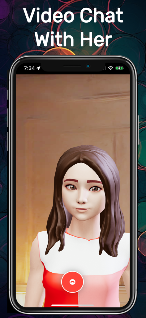 Aimora AI Girlfriend Simulator app showing a video chat with a 3D avatar