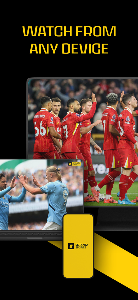 Setanta Sports app streaming live football on a smartphone laptop and TV