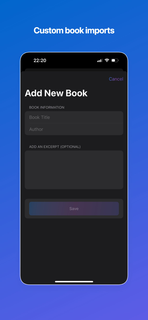 WordGlean - Kindle Highlights - Interfaz de la aplicación WordGlean que muestra la pantalla de agregar manualmente un nuevo libro y extracto de resaltado.