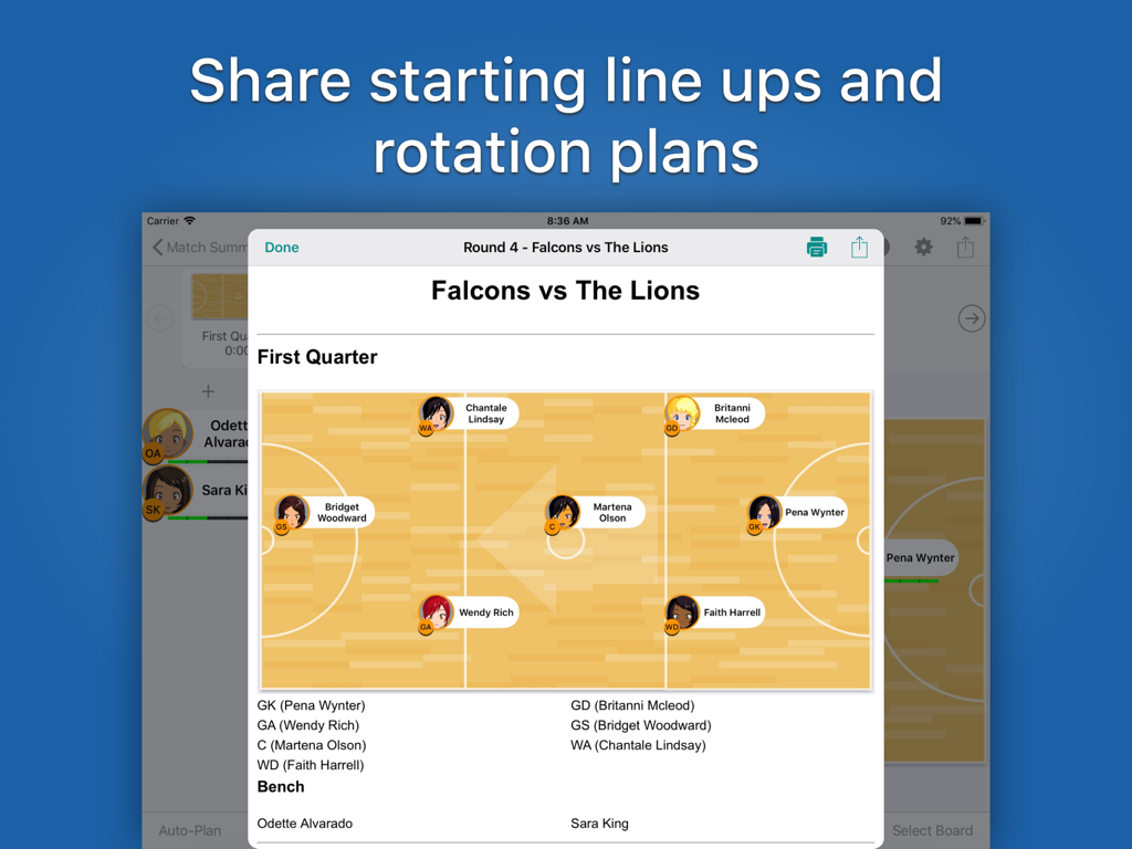 Great Coach Netball - Great Coach Netball app screen showing starting line ups and rotation plans