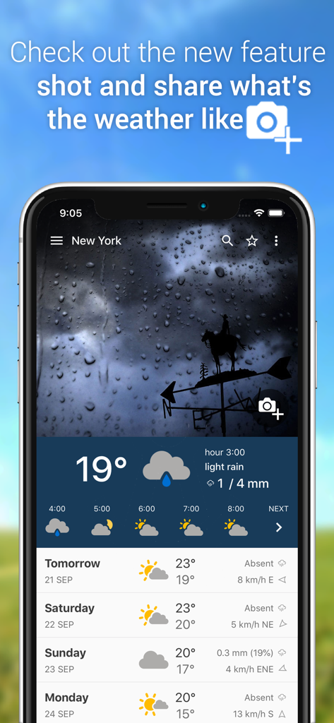3B Meteo - Weather Forecasts - Interfaccia dell'app 3B Meteo che mostra le previsioni meteo di New York e la funzione di condivisione foto