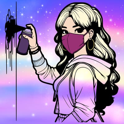 realistic girl with mask spray painting a wall