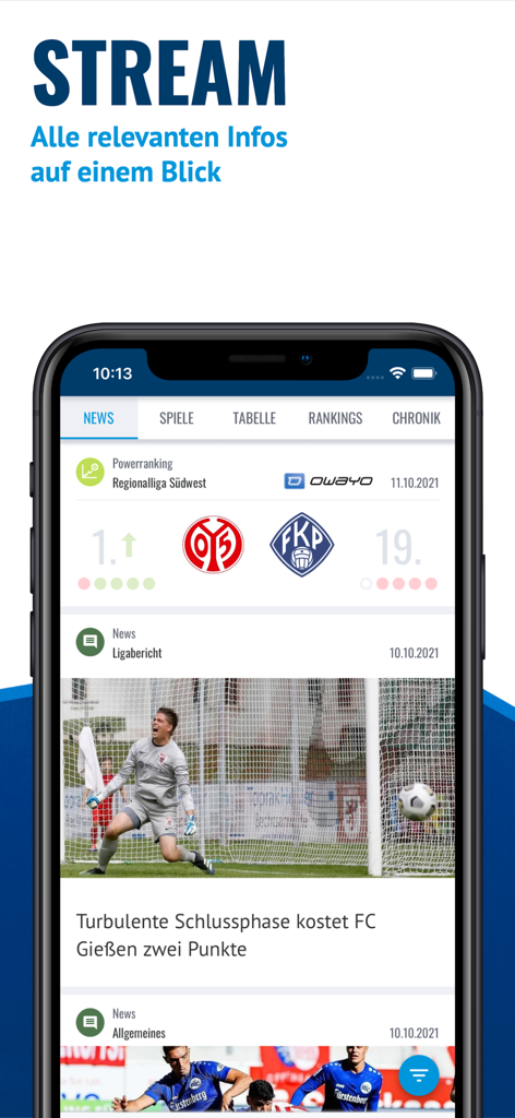 Feed de notícias do aplicativo móvel FuPa mostrando rankings de futebol amador e relatórios de jogos