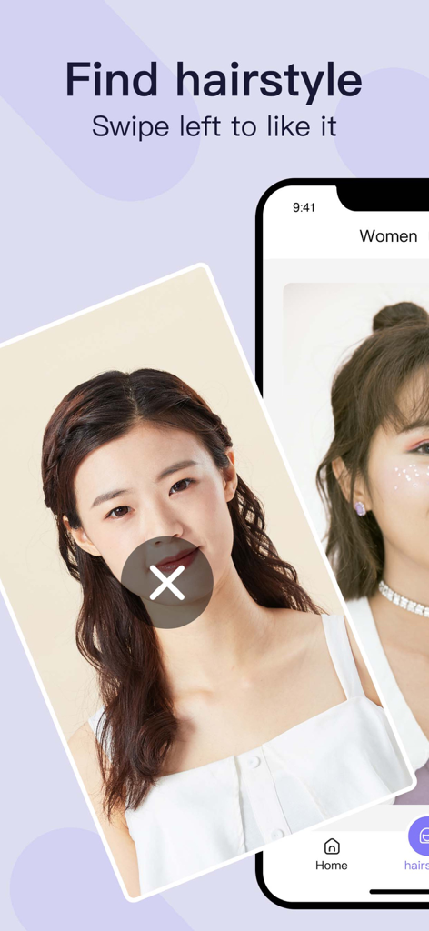 Hairstyle & Hair Color Changer - Pantalla de la aplicación para encontrar peinados con función de deslizar para dar like mostrando diferentes fotos de modelos