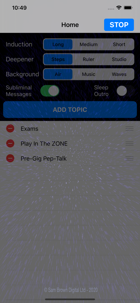Musicians Hypnosis - Musicians Hypnosis app home screen showing customization settings for induction deepener and background tracks