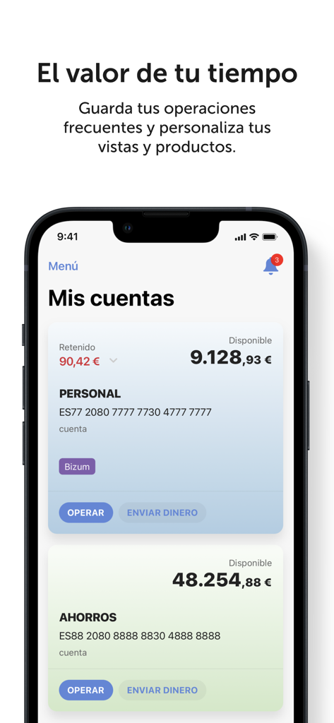 ABANCA - Mobile Banking - ABANCA mobile banking app dashboard displaying personal and savings account balances in Spanish.