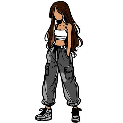 girl in baggy pants crop top and long hair