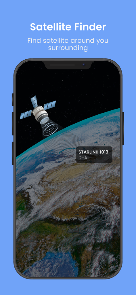 Starlink ISS Satellite Tracker - Uno screenshot di un'app mobile che mostra un satellite in orbita attorno alla Terra con un'etichetta per Starlink 1013.