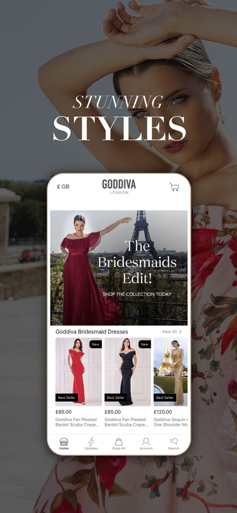 Interfaccia dell'app di moda Goddiva che mostra eleganti abiti per damigelle e abiti da sera formali