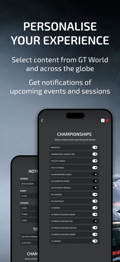 GT World powered by SRO - GT World app settings for selecting racing series and managing race weekend notifications