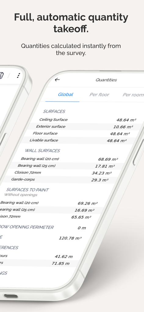 Visuary - The Smart Floor Plan - A mobile screen showing automatic quantity takeoff with surface and wall measurements calculated instantly from a survey.