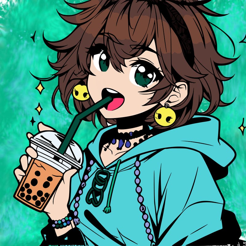 hot baddie anime girl drinking boba and biting the straw