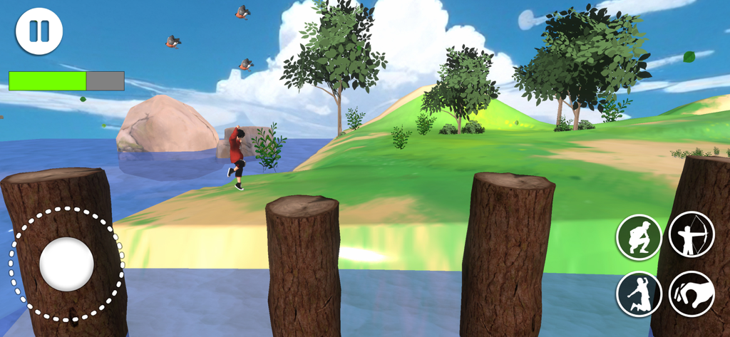The Escape Story Inside Game - A boy character navigating wooden pillars in a sunny 3D platformer environment