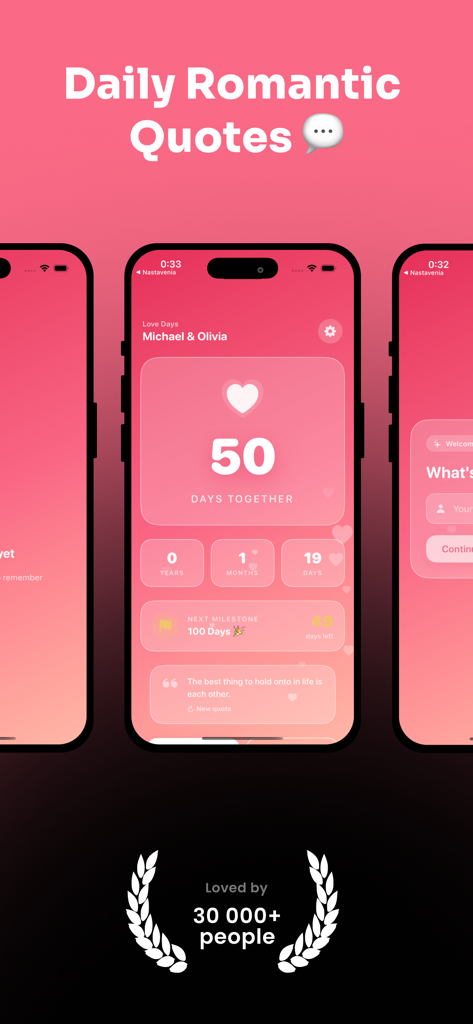 Love Days Counter – Tracker - Love Days Counter app interface showing relationship milestones and daily romantic quotes