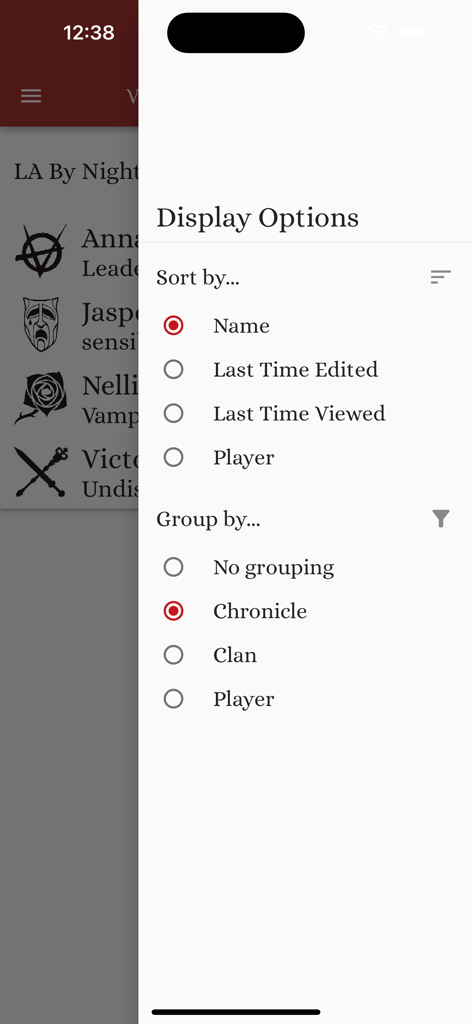 Vampire v5 Characters - A menu showing display options to sort and group character sheets in the Vampire v5 Characters mobile app.