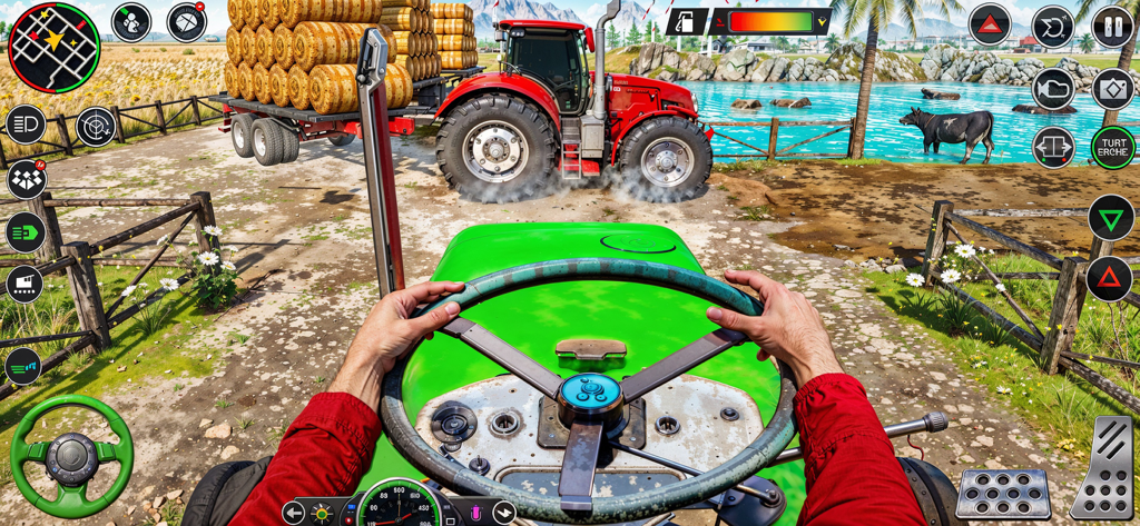 Tractor Driving Farming Games - First person view from the driver seat of a green tractor in a farming simulator game showing hands on the steering wheel.