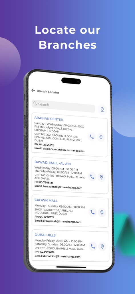 Screenshot of the LMPAY app showing the branch locator screen with a list of LM Exchange physical locations in the UAE