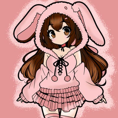 pretty anime girl wearing a fluffy hoodie with bunny ears on the hood and a skirt