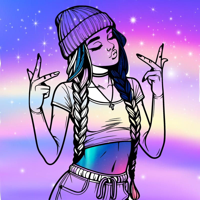 realistic teenage girl with braids and a beanie and crop top doing 🫶🏼