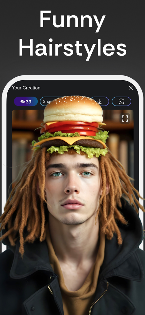 Hair Type: AI Hairstyle Try On - A man trying on a funny hamburger-themed hairstyle in the NHair AI app