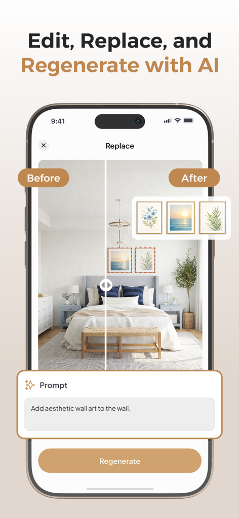 HomeSnap - AI Home Design - La aplicación HomeSnap muestra una comparación de antes y después de arte de pared generado por IA en un dormitorio