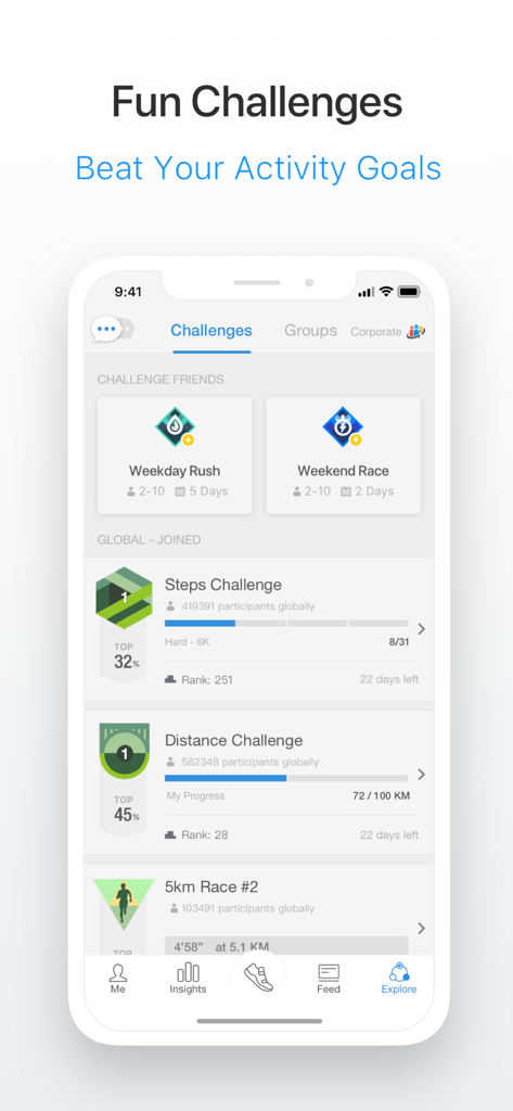 Pacer app interface showing various walking challenges and community leaderboards