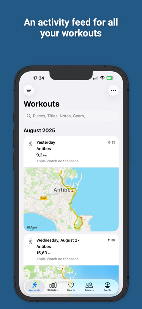 HealthFit - iPhone screen displaying the HealthFit app activity feed with workout history and GPS route maps.