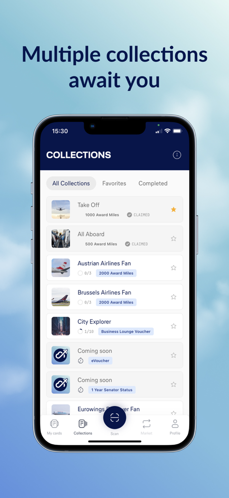 Uptrip app screen showing multiple digital flight reward collections and earned milestones