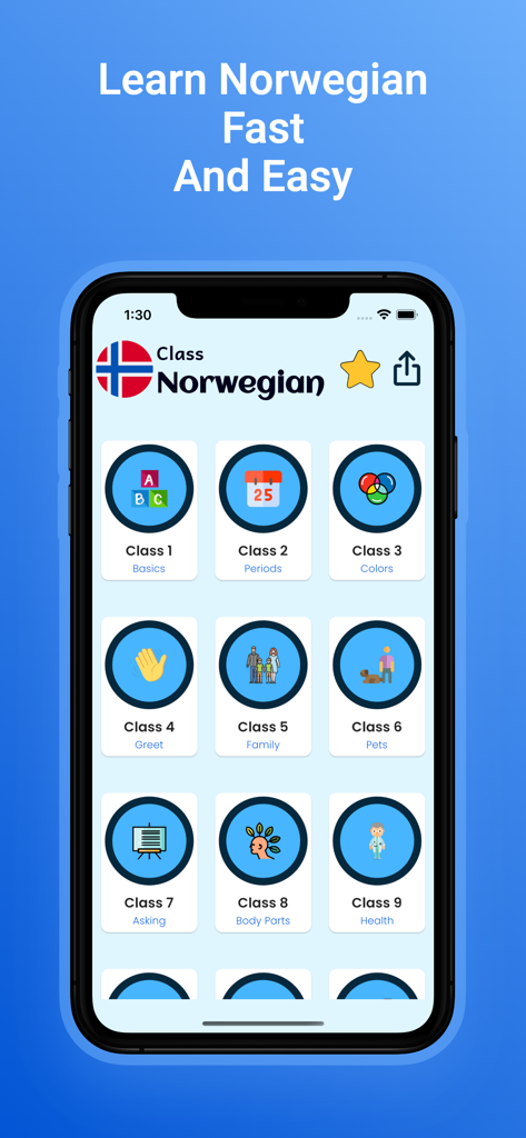 Norwegian Learn For Beginners - Oberfläche der Norwegisch-Lern-App mit verschiedenen Lektionskategorien