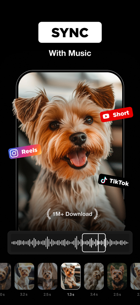 Reels Maker・Video Templates - Interface de aplicativo móvel mostrando a sincronização de vídeo com música para Instagram Reels e TikTok