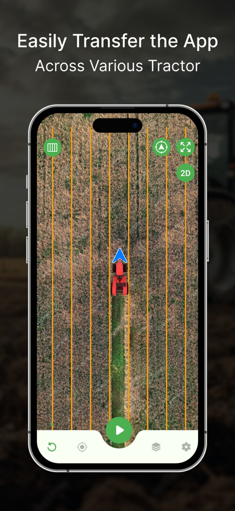 Tractor Field Navigator GPS - Mobile screen showing tractor GPS guidance with straight navigation lines in a field