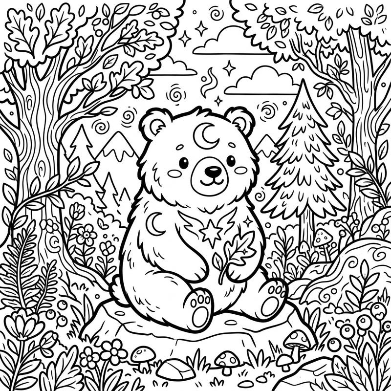 Embark on a charming coloring journey with this Kawaii Spirit Bear nestled in a magical forest. Its delightful details and adorable expression promise hours of creative relaxation for all ages.