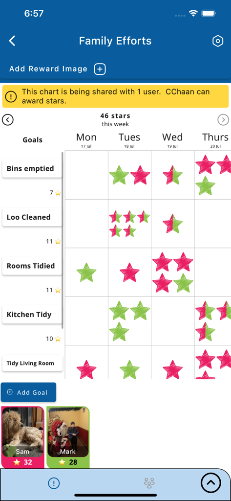 Starbright Charts - Interfaz de la aplicación Starbright Charts mostrando una gráfica semanal de recompensas de estrellas por tareas familiares