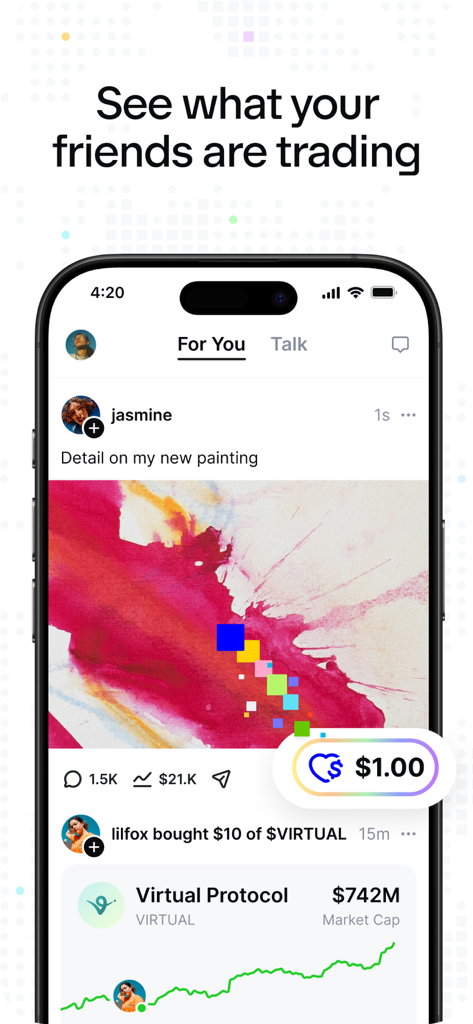 Social Feed in der Base-App, der die Handelsaktivitäten von Freunden und eine Ein-Dollar-Handelsoption zeigt