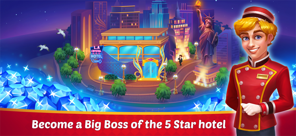 Dream Hotel: Hotel Manager - A smiling bellhop in front of a luxury 5 star hotel in a city at night