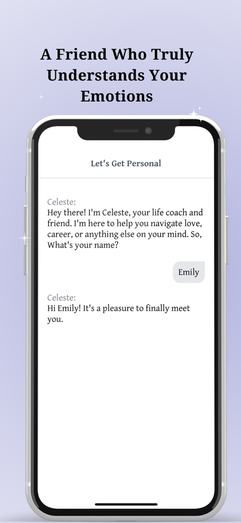 Celeste - Life Guide - Pantalla de smartphone que muestra una amigable conversación introductoria con Celeste, la guía de vida IA