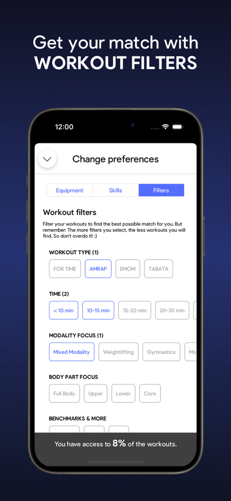 SmartWOD Workout Generator - SmartWODモバイルアプリの画面。ワークアウトタイプ、時間、モダリティフォーカスでフィルタリングできます。