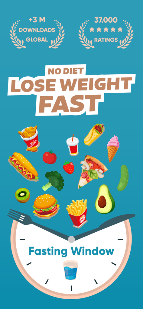 Graphic of the IF app showing a fasting window clock and various food items highlighting weight loss without dieting