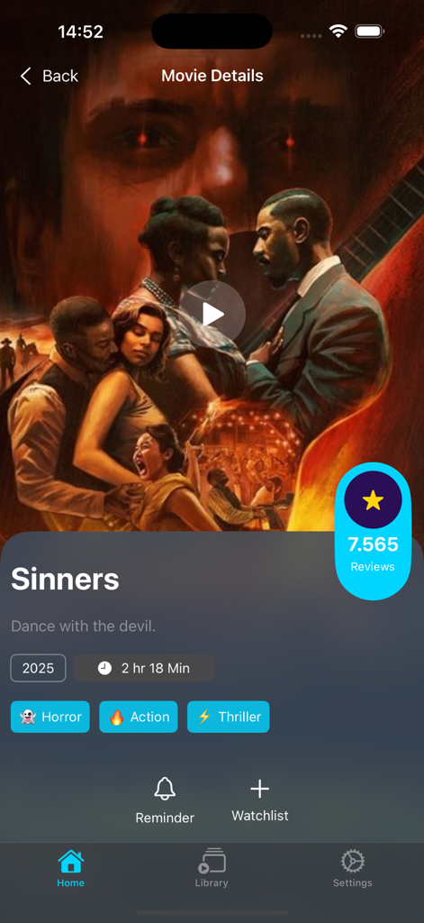 A movie details screen from the Honor app featuring the film Sinners with ratings and genre tags