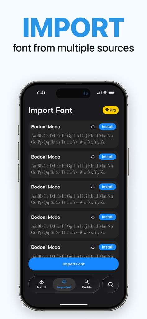 Pantalla de importación de fuentes personalizadas en la app Fontsia para iPhone
