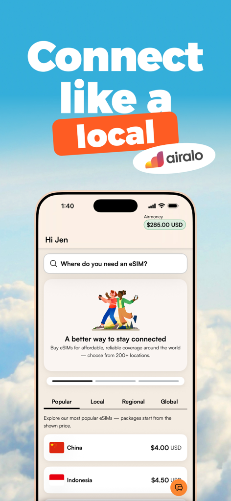 Airalo mobile app interface for buying international eSIM travel data plans