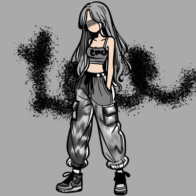 girl in baggy pants crop top and long hair