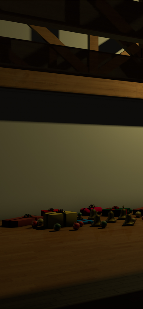 Christmas presents and golden bells on a wooden floor in a dimly lit room