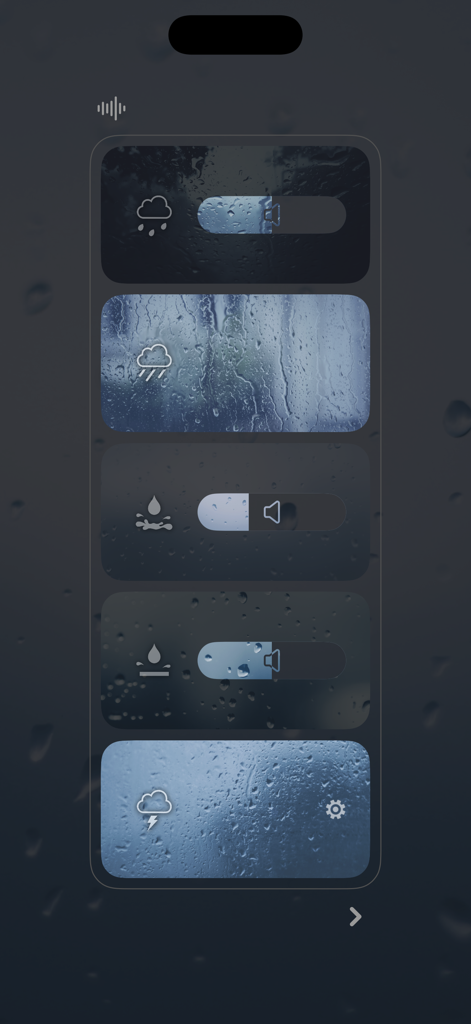 Somewhere - Rain Sound ASMR - Interfaz de la aplicación Somewhere mostrando deslizadores de volumen individuales para varios sonidos de lluvia y clima sobre un fondo melancólico.