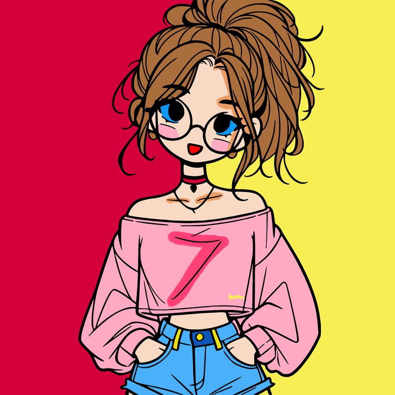 girl with a messy ponytail glasses a baggy crop top and jean shorts