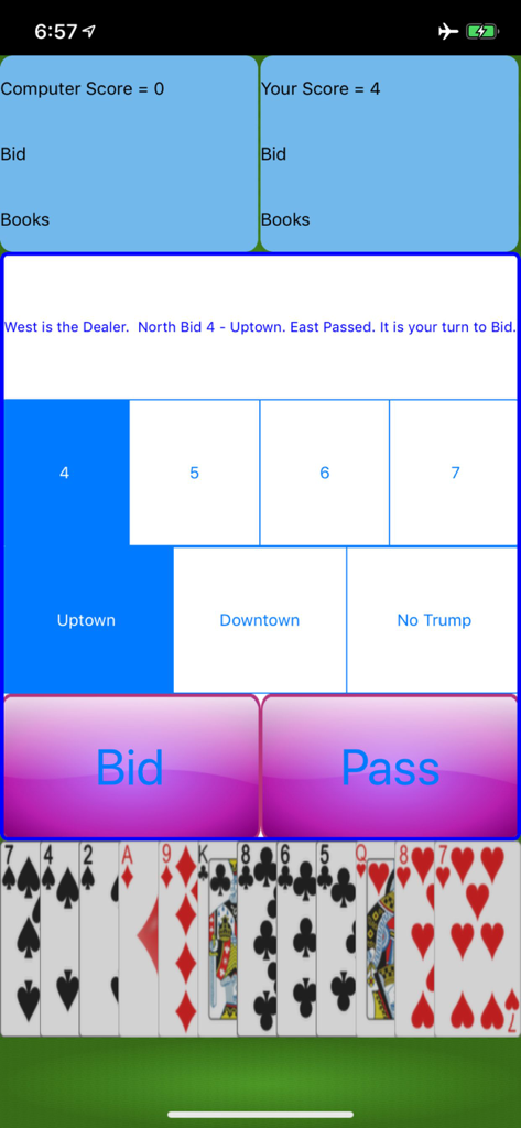Bid Whist - Classic - Bidding screen in Bid Whist Classic mobile game showing Uptown and Downtown bidding options